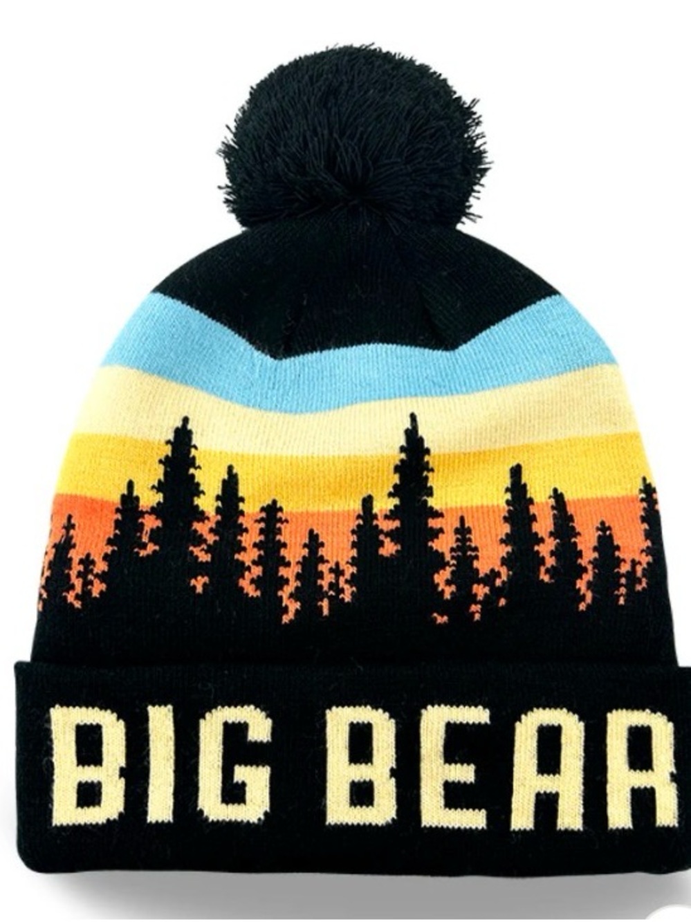 Adult Black Pom Beanie with Sunset Stripe and BIG BEAR Cuff unisex